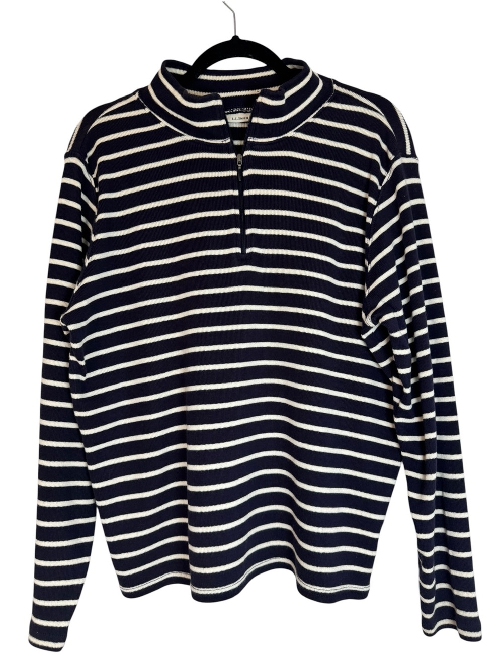 LL Bean Women’s Navy and White Striped 100% Cotton Quarter-Zip XL Sweater